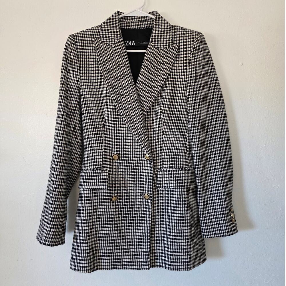 Zara Houndstooth Double Breasted Blazer Jacket Collared Gold Button Tweed XS - Picture 2 of 11